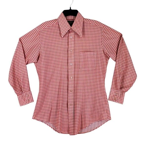 Vtg 70s Sears Shirt Men L Trim Reg Orange White Gingham Check Fitted Lightweight - Picture 6 of 11